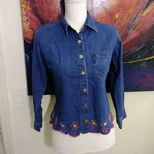 GLO Embroidered Denim Long Sleeve Button Down Top